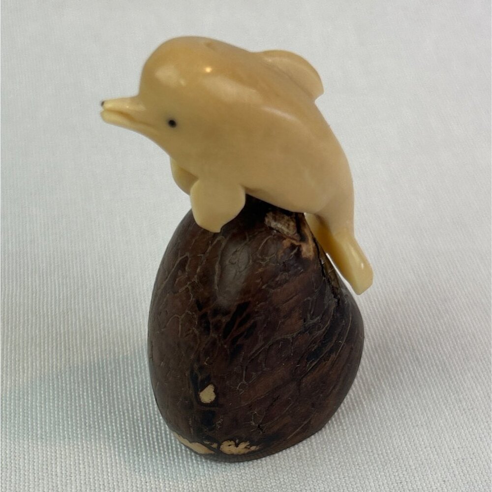 Hand Carved Tagua Nut Dolphin Figurine Ocean Brown Beige